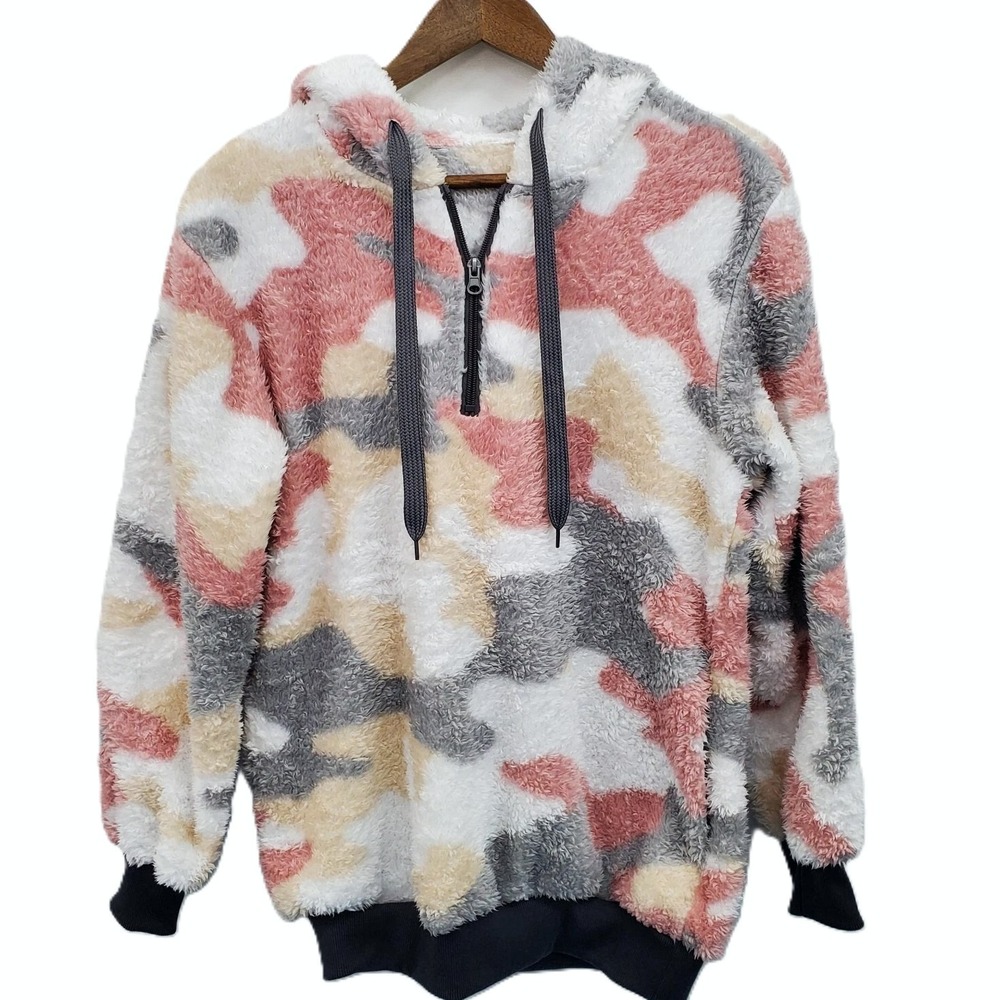 Womens S Pink Camo Sherpa Fleece Hoodie Soft Plush 1/2 Zip Cozy Pullover Top